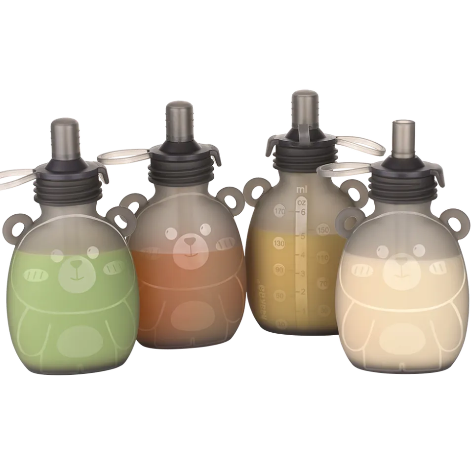 haakaa-happii-bear-silikon-snackbeutel-wiederverwendbarer-food-pouch-mit-messska image 1