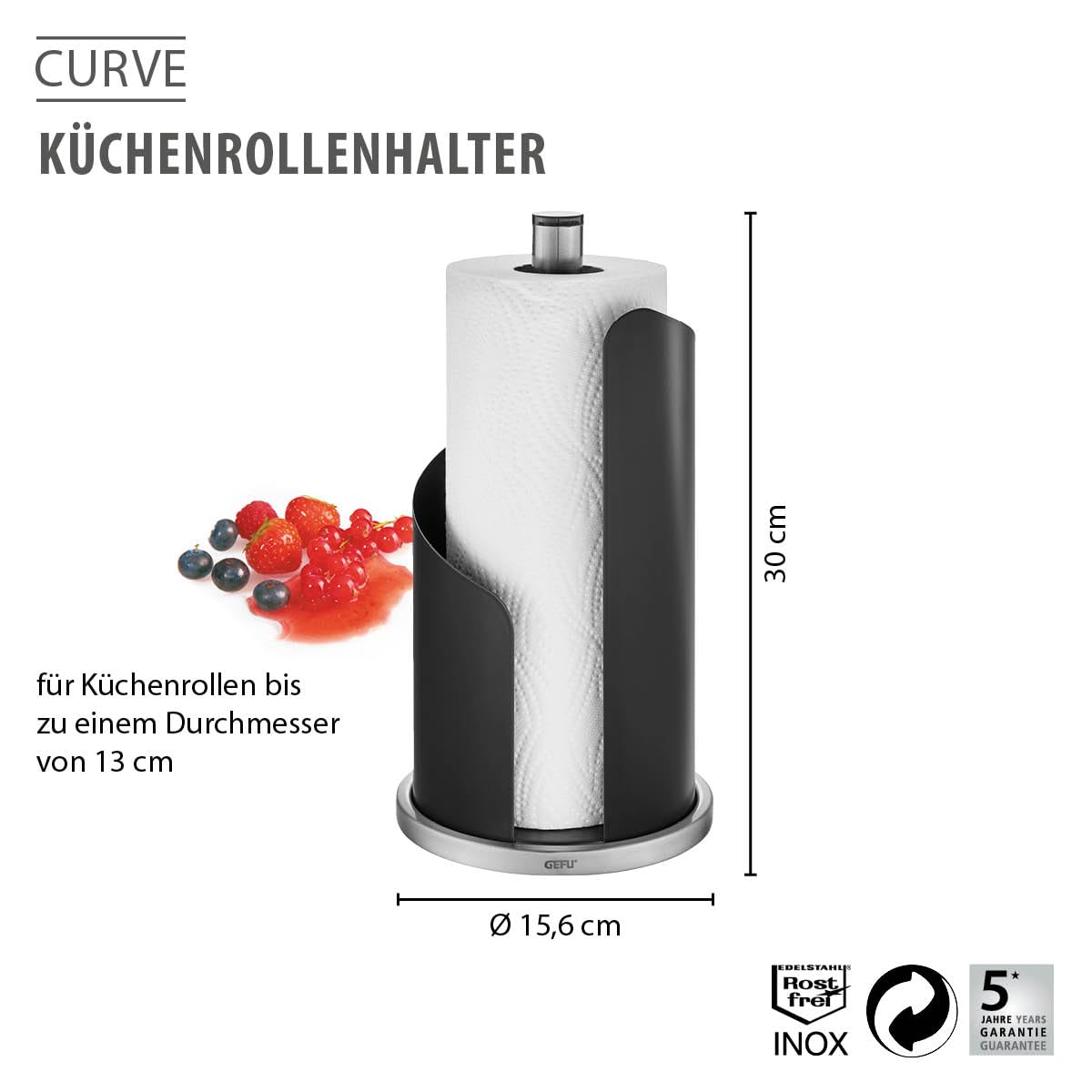 gefu-k-chenrollenhalter-curve-schwarz-matter-edelstahl-rutschfeste-basis-einh-nd image 2