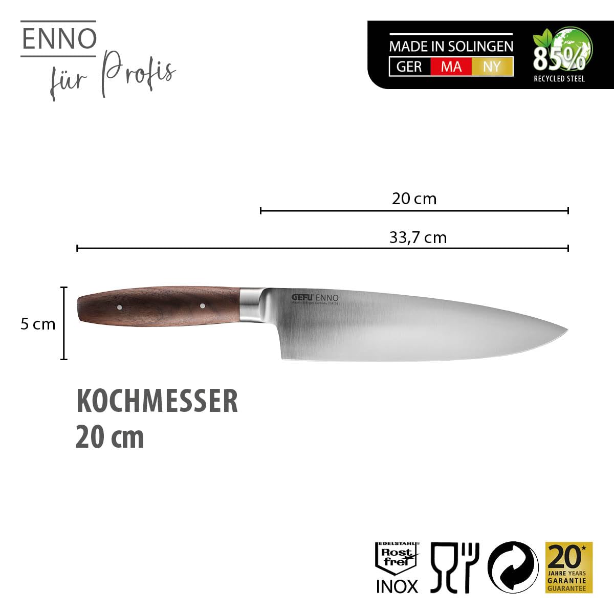 gefu-kochmesser-enno-20-cm-solinger-klinge-handgeschliffen-walnussholzgriff-made image 2