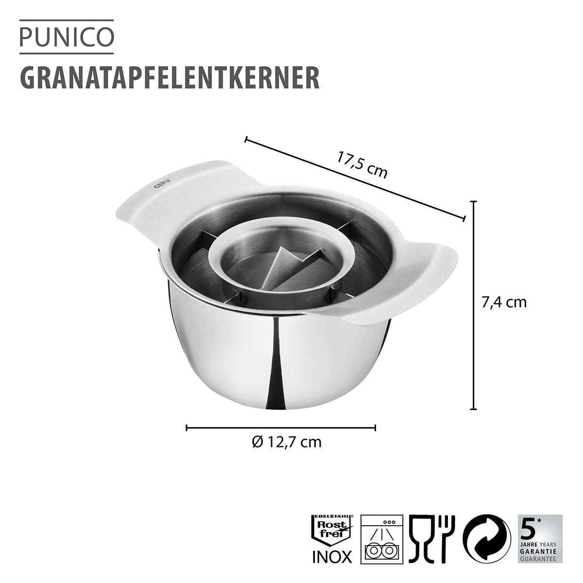 gefu-granatapfelentkerner-punico-2-in-1-entkerner-mit-auffangschale-deckel-und-e image 2