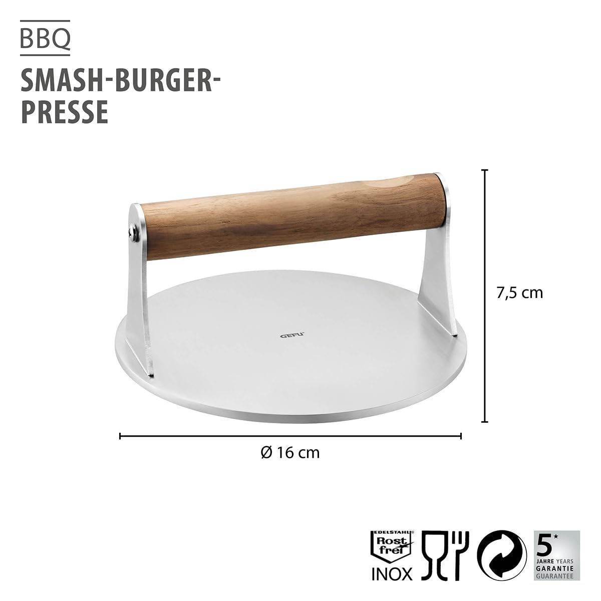 gefu-burgerpresse-bbq-edelstahl-burger-smasher-mit-walnussholzgriff image 2