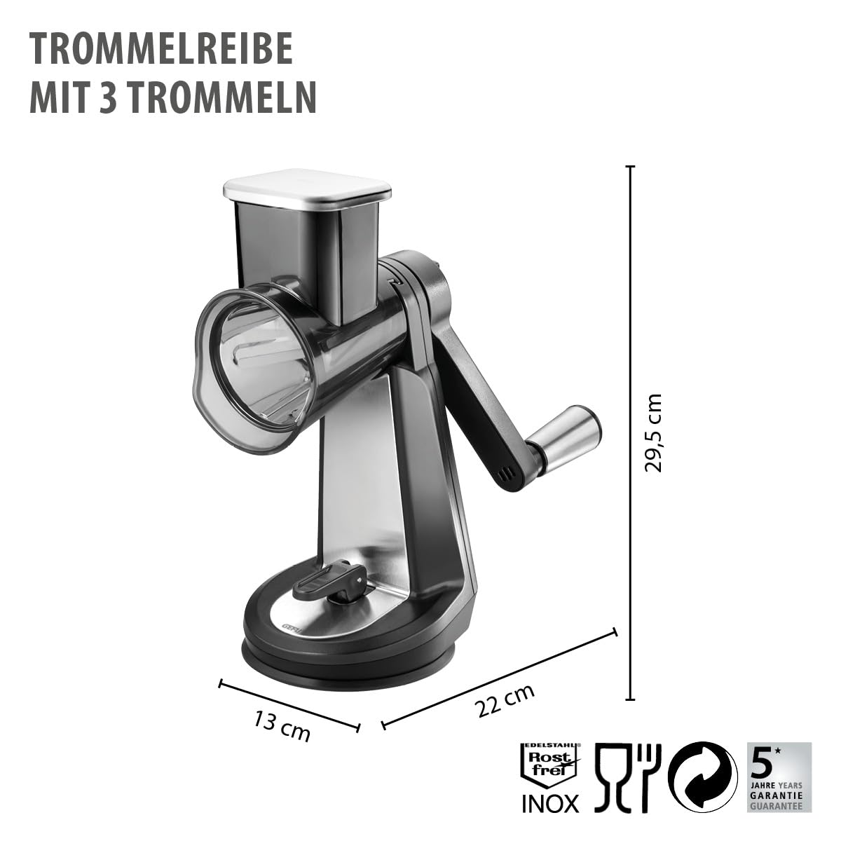 gefu-trommelreibe-mit-3-trommeln-fein-grob-scheiben-inkl-st-el-standfu-und-vakuu image 2