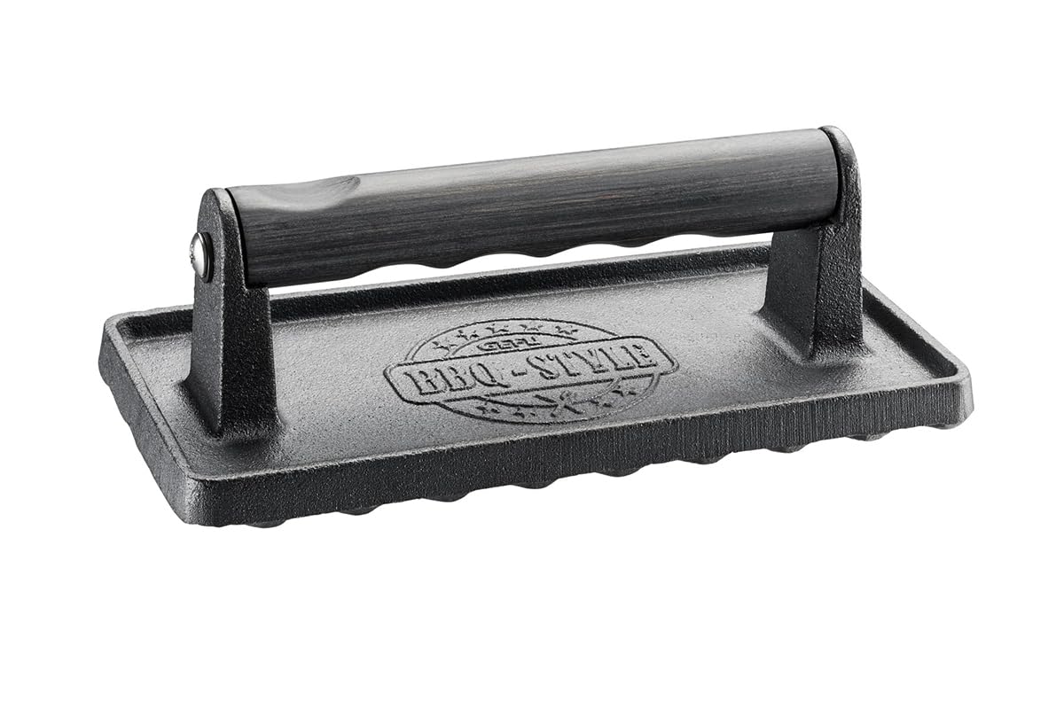 gefu-fleischbeschwerer-bbq-gusseisenpresse-mit-holzgriff-1-kg-rillenstruktur image 1