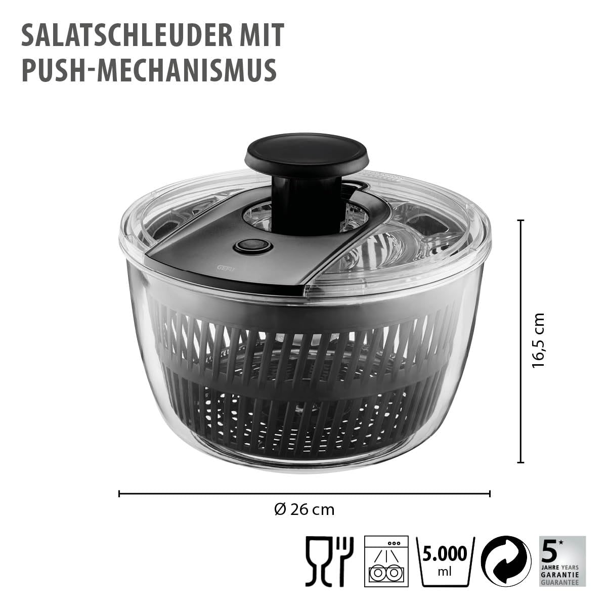 gefu-salatschleuder-mit-push-mechanismus-5-l-kapazit-t-integrierter-ausgie-er-st image 2