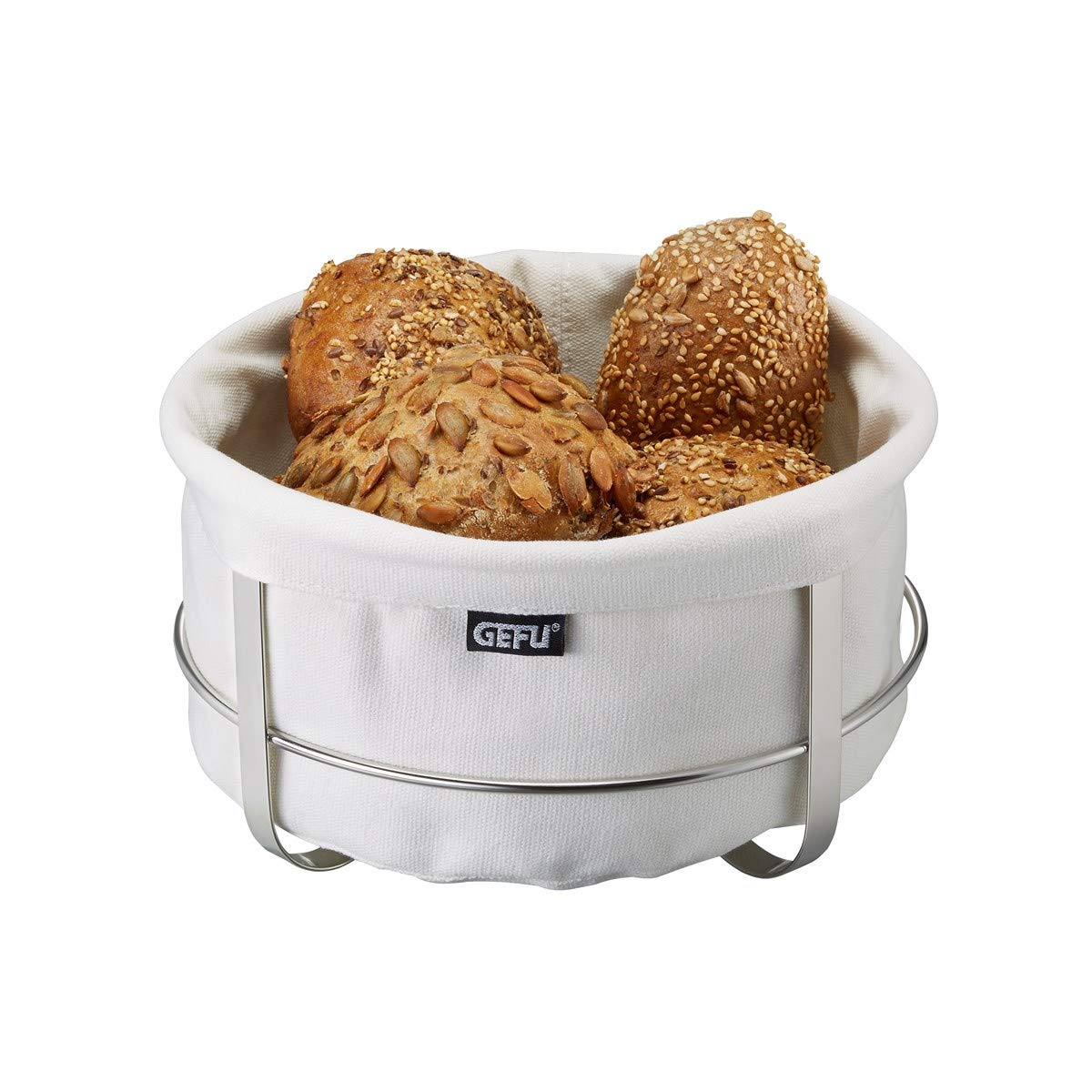gefu-brotkorb-brunch-rund-wei-edelstahl-gestell-mit-waschbarem-stoffeinsatz-viel image 1