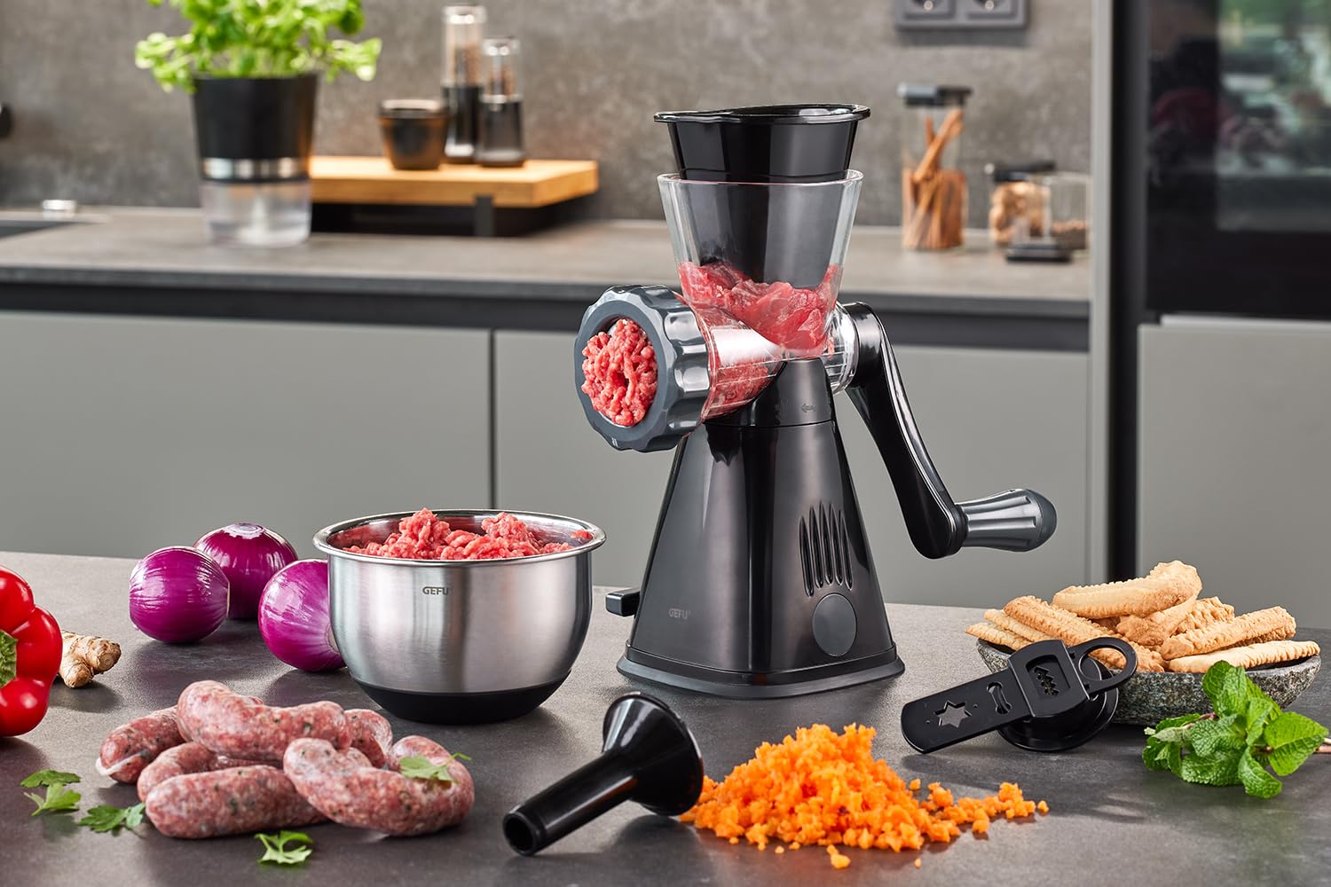 gefu-metto-fleischwolf-manuelle-k-chenmaschine-mit-wurstf-lltrichter-spritzgeb-c image 3