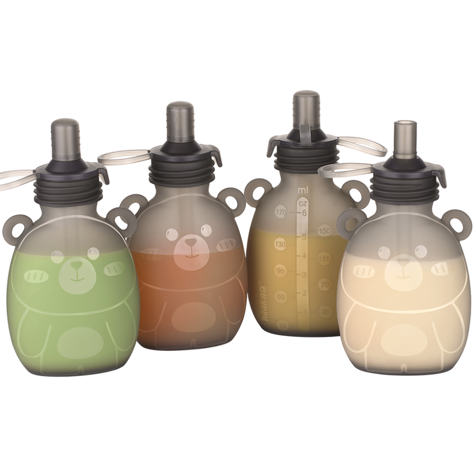 haakaa-happii-bear-silikon-snackbeutel-wiederverwendbarer-food-pouch-mit-messska image 1